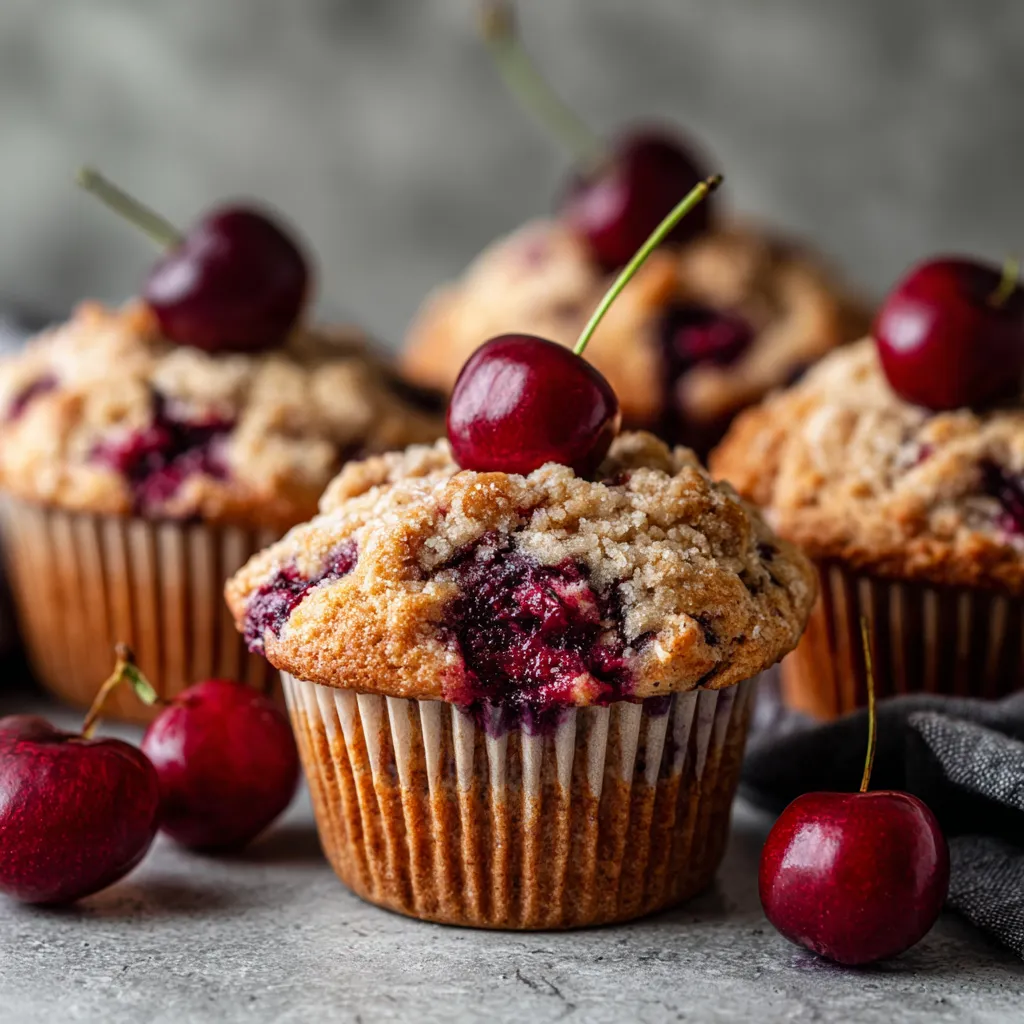 Cherry cobbler muffins with cherries on top.