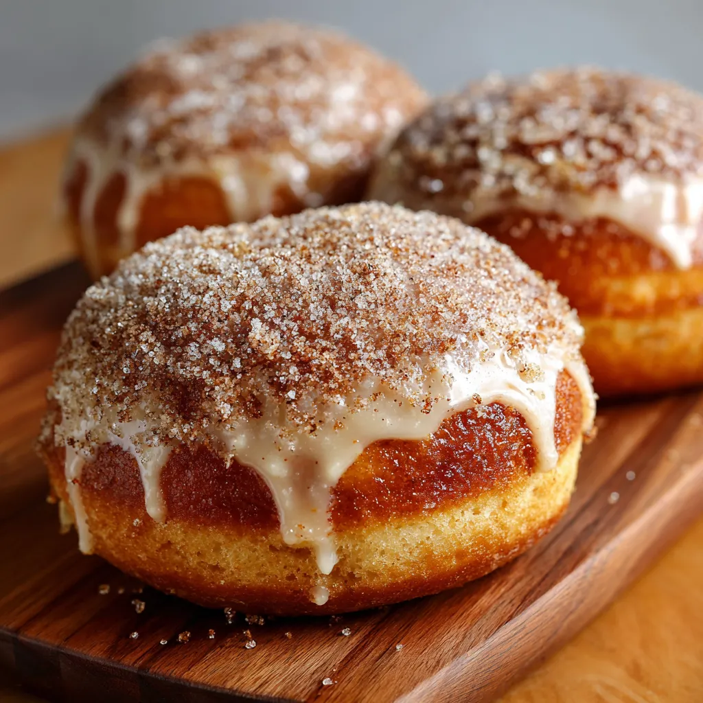 Three cinnamon donuts on a wooden board.