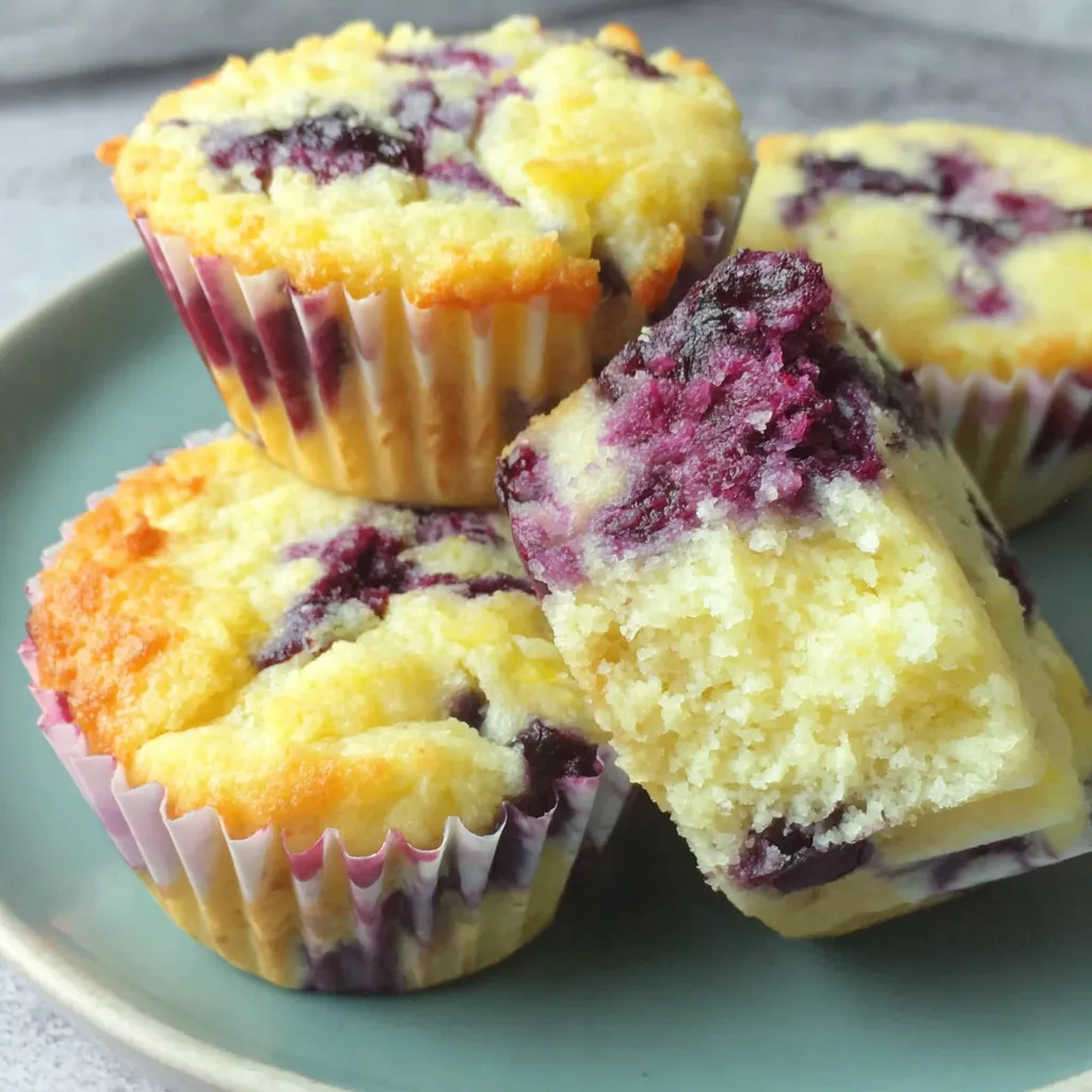A plate of muffins with blueberry and lemon flavors.