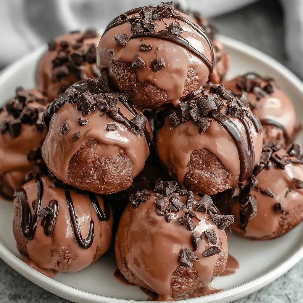 A plate of chocolate covered cottage cheese bites.