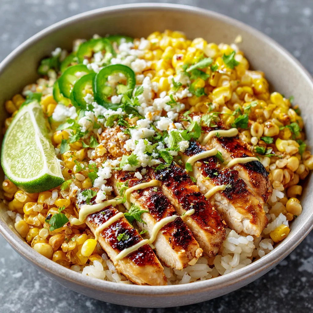 A bowl of street corn chicken rice.