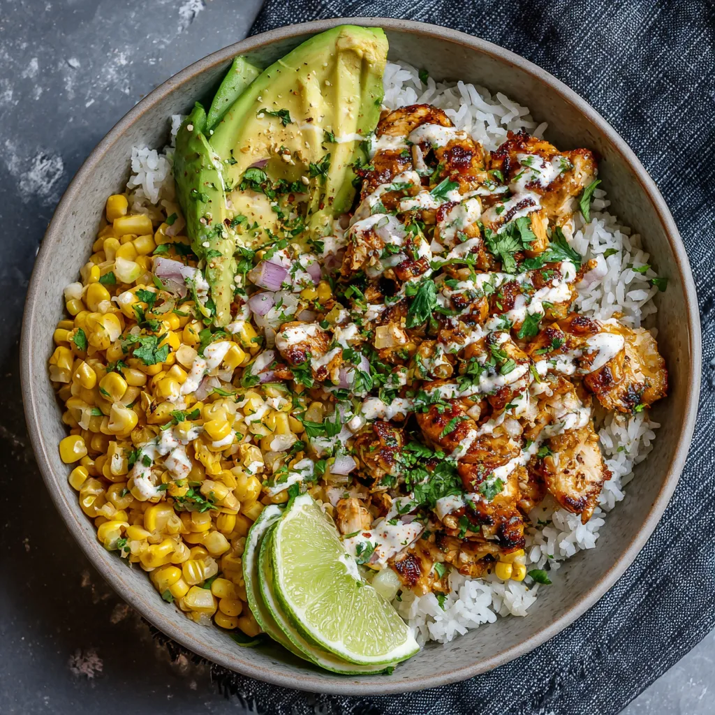 A bowl of food with rice, chicken, corn, and avocado.
