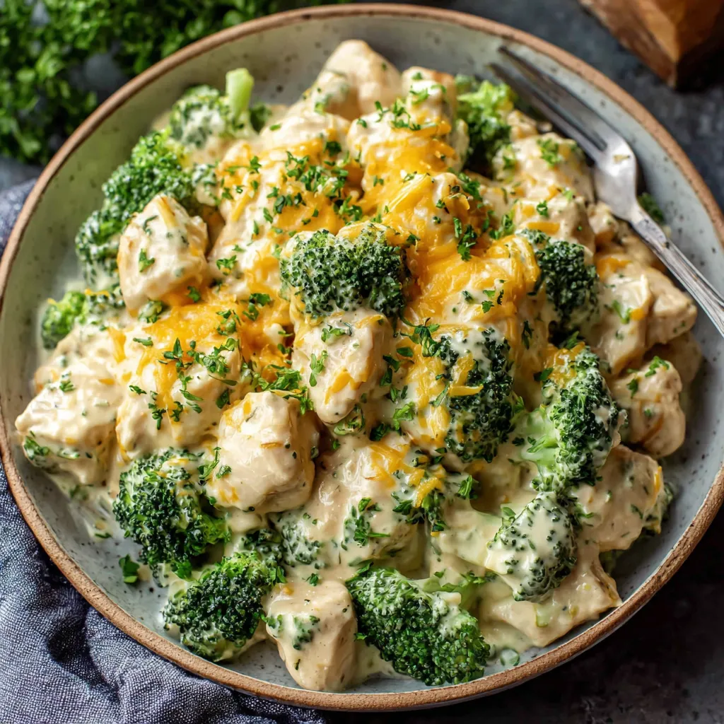 A bowl of chicken and broccoli.