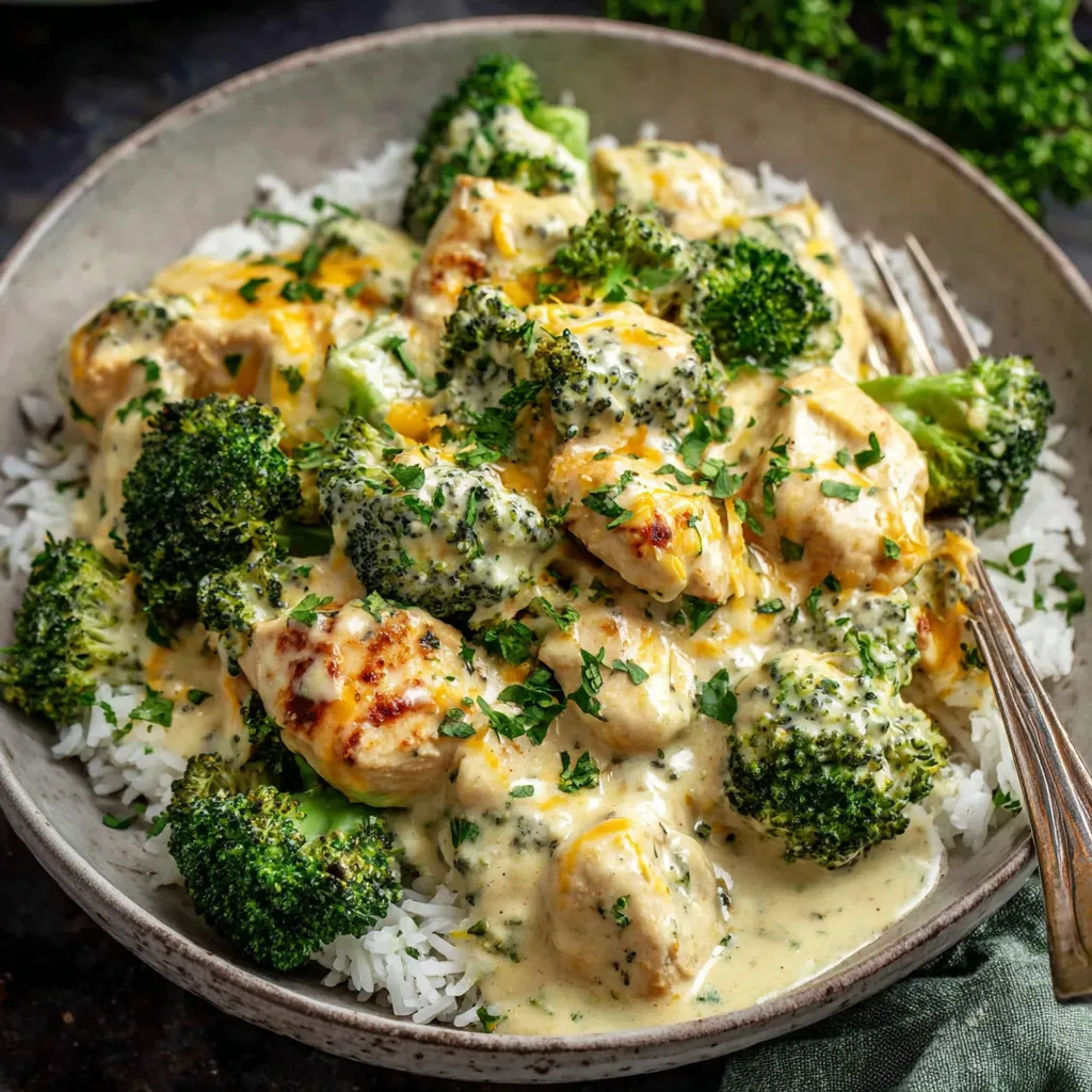 A bowl of chicken and broccoli with a spoon in it.