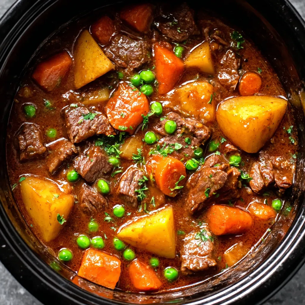 A close up of a crockpot filled with beef stew.