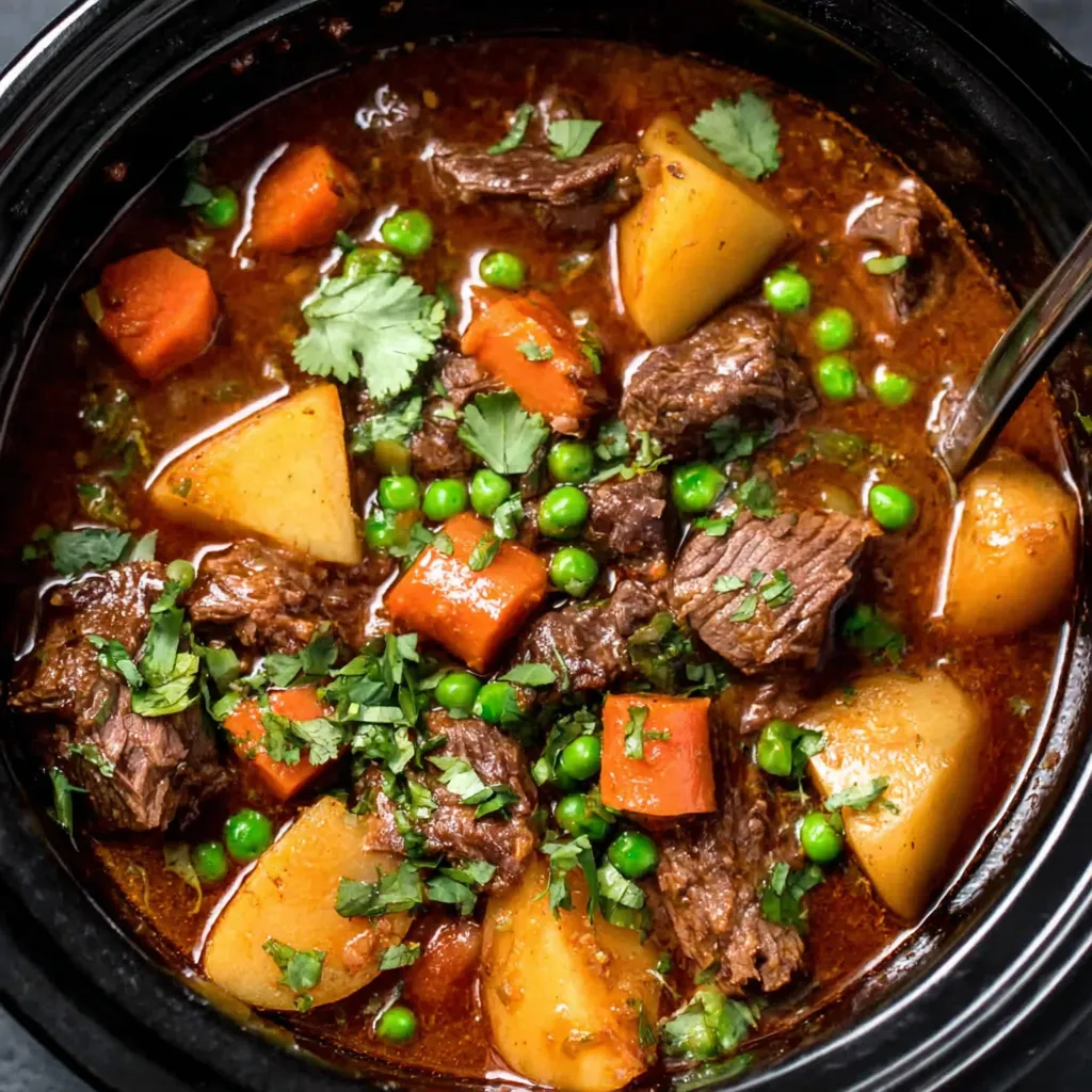 A close up of a crockpot filled with beef stew.