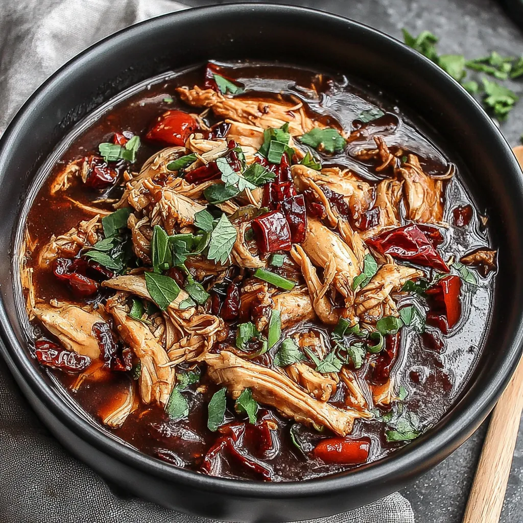 A bowl of chicken with green and red peppers.