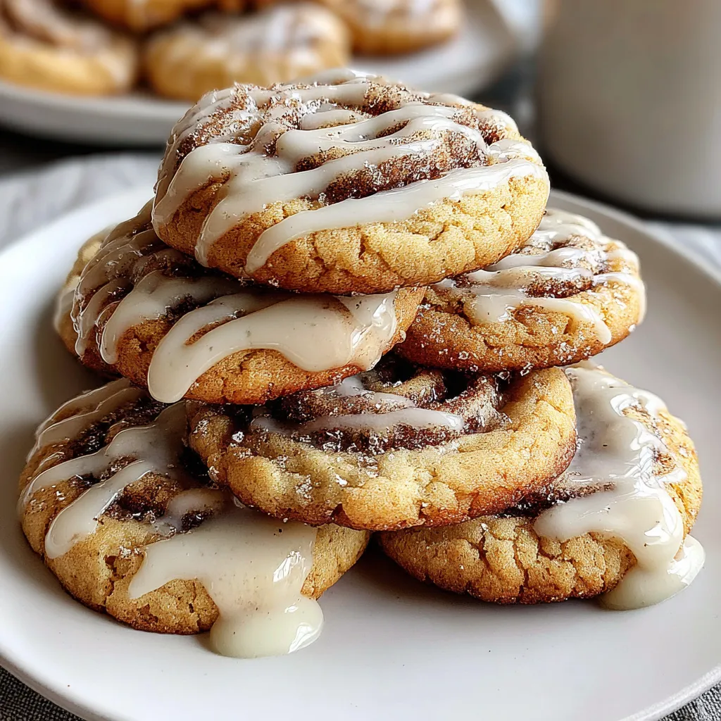 A stack of cinnamon roll cookies on a plate.