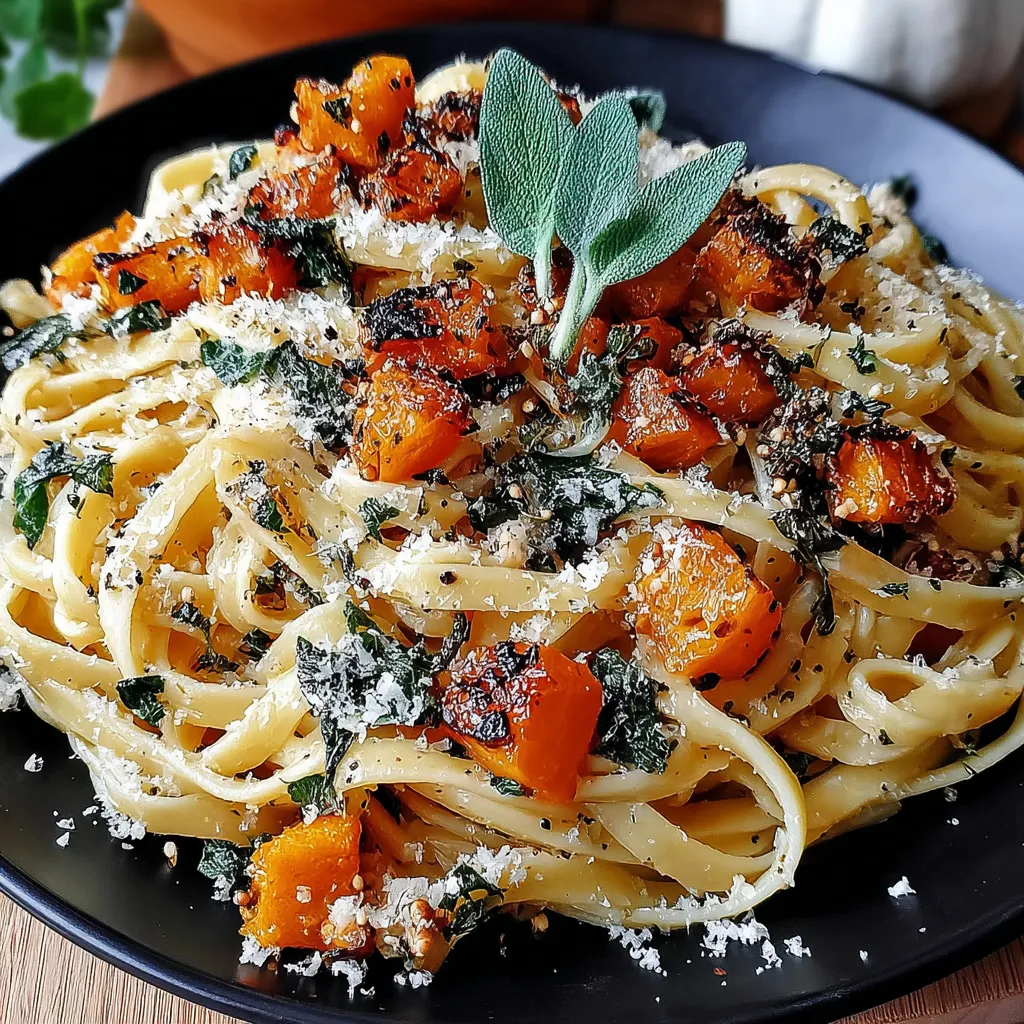 A plate of pasta with butternut squash and sage.