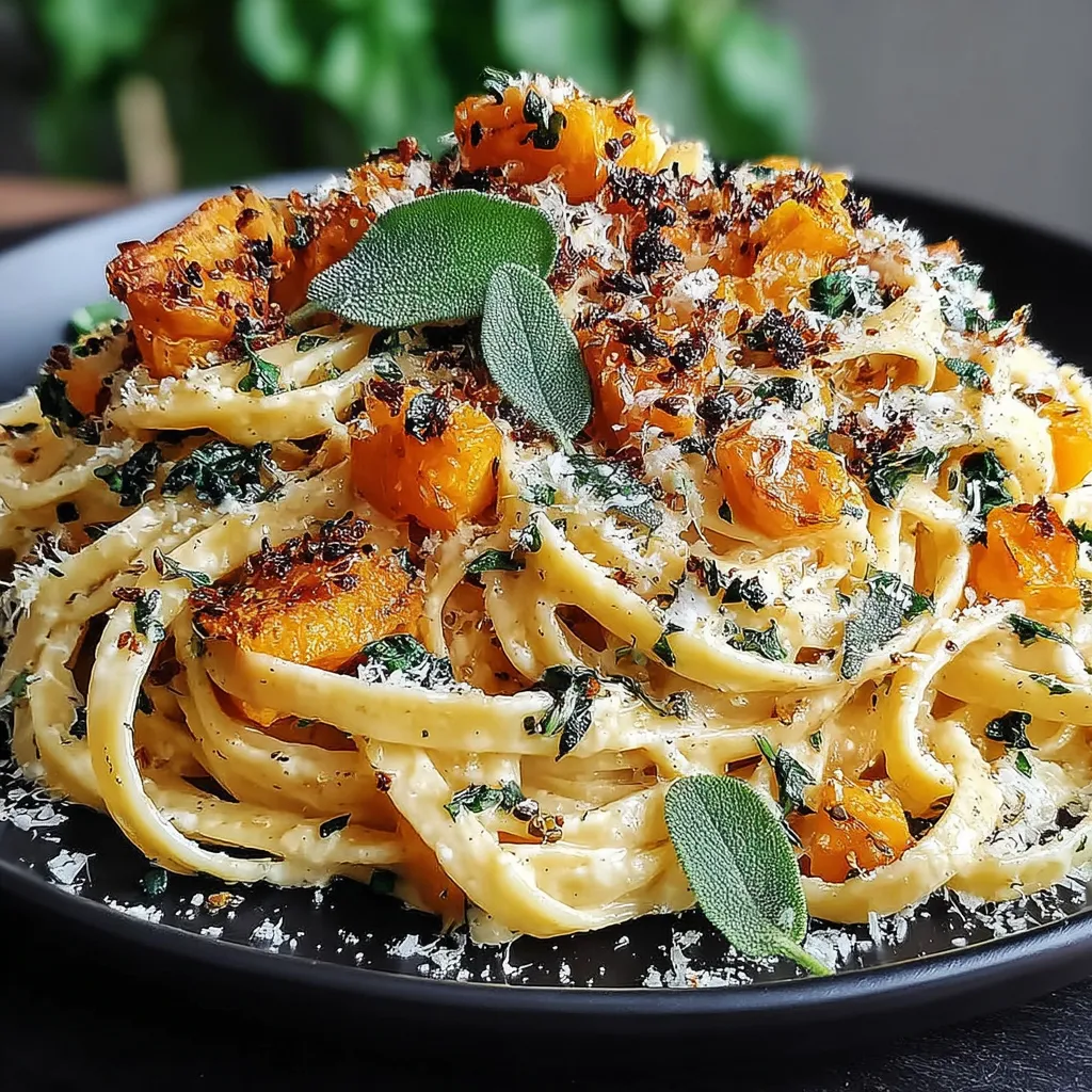 A plate of pasta with butternut squash and sage.