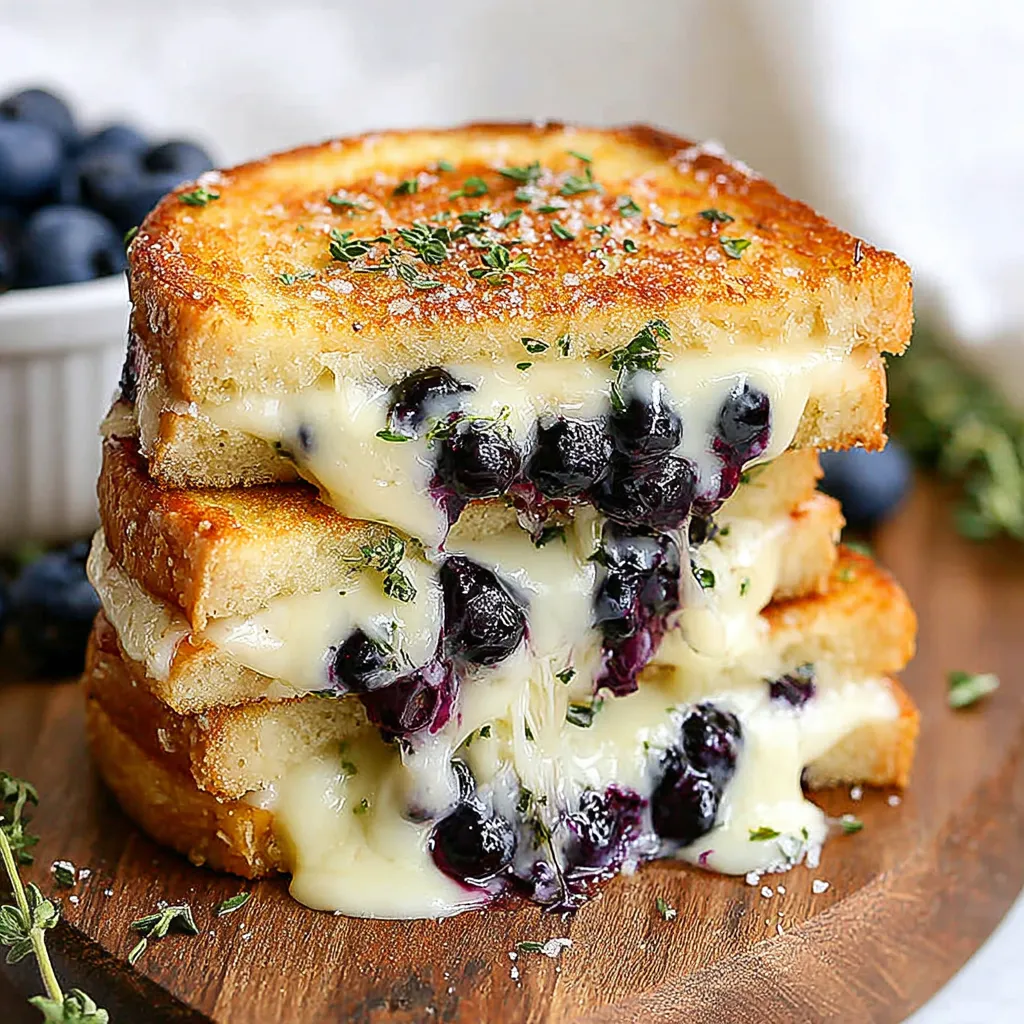 A stack of three grilled cheese sandwiches with blueberries on top.