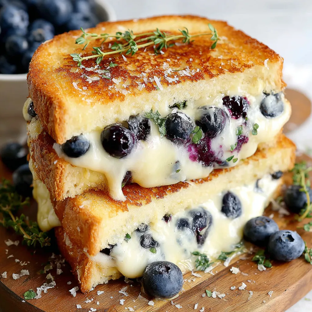 A grilled cheese sandwich with blueberries on top.