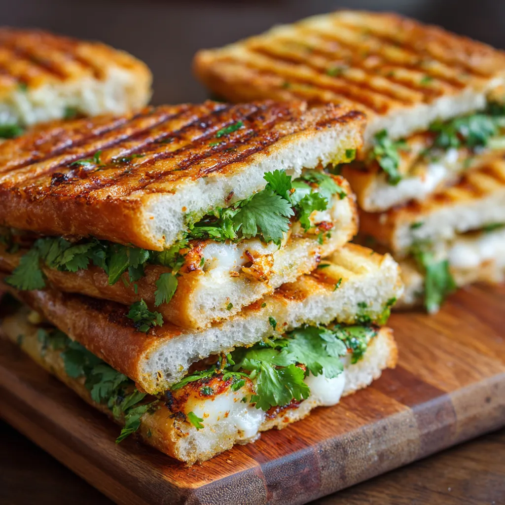 A stack of Cuban garlic bread sandwiches.