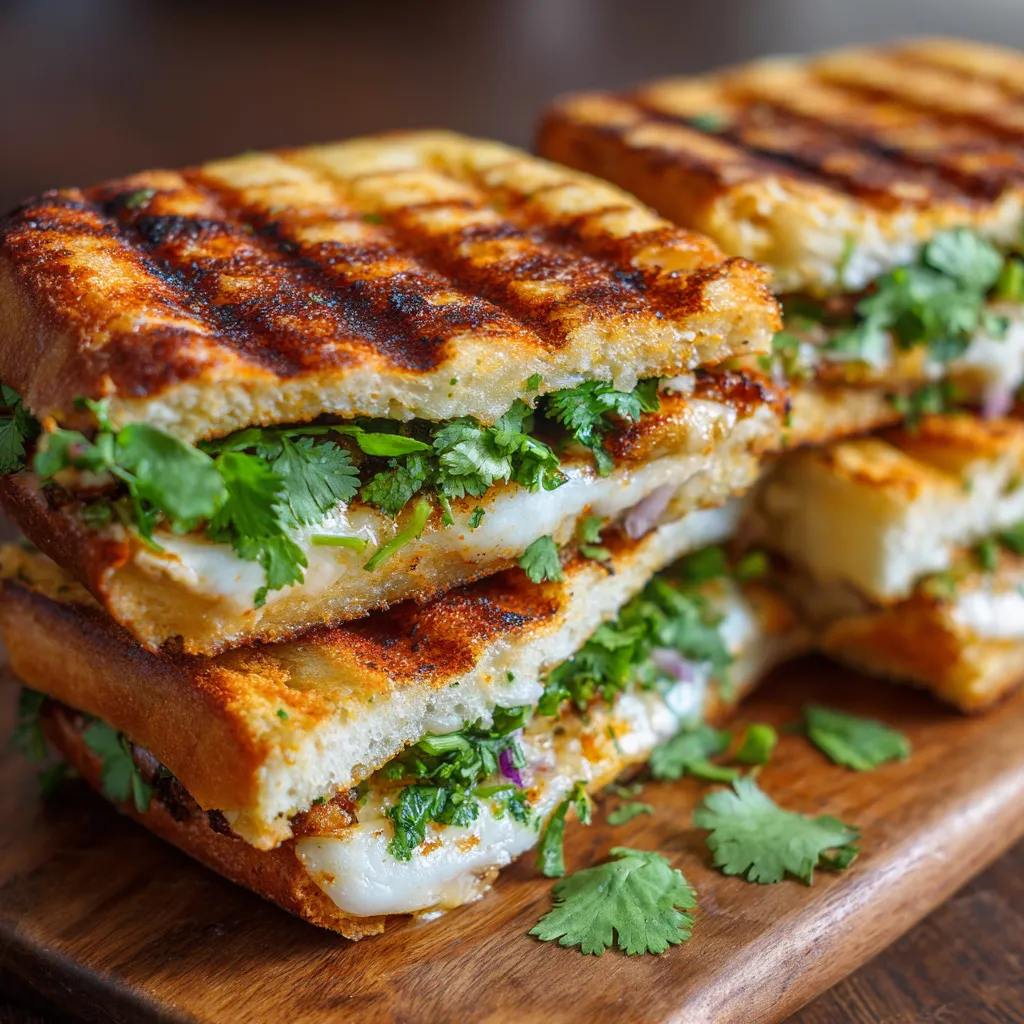 A stack of Cuban garlic bread sandwiches.