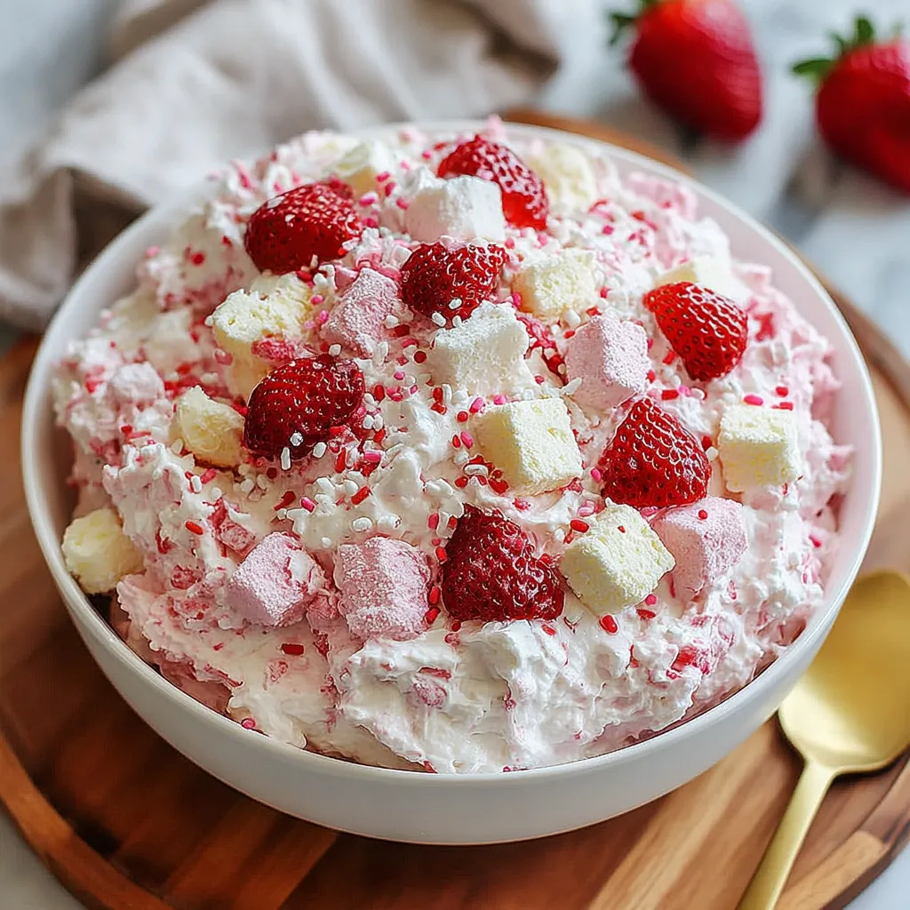 A bowl of strawberry shortcake fluff salad.