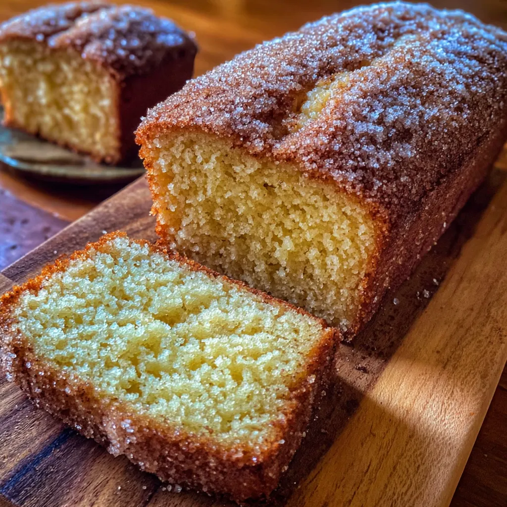 A slice of a cinnamon sugar crusted loaf of bread.