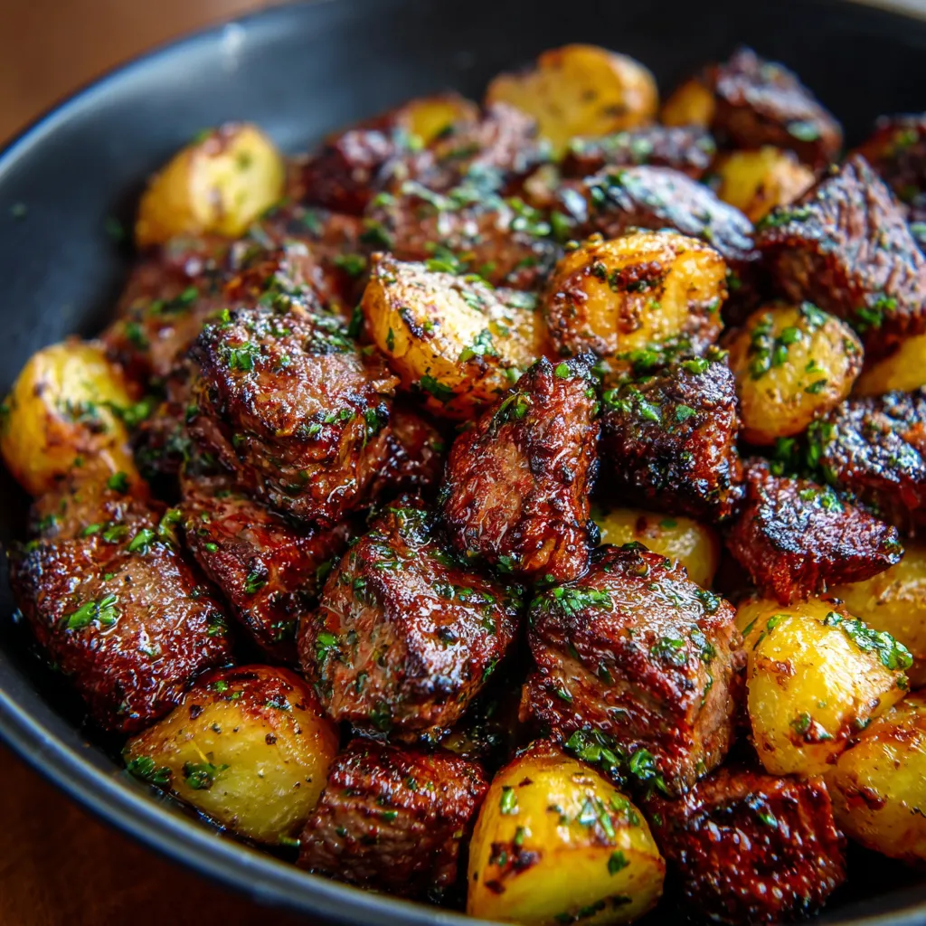 A bowl of meat and potatoes.