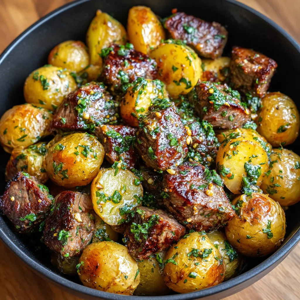 A bowl of steak and potatoes with garlic butter.