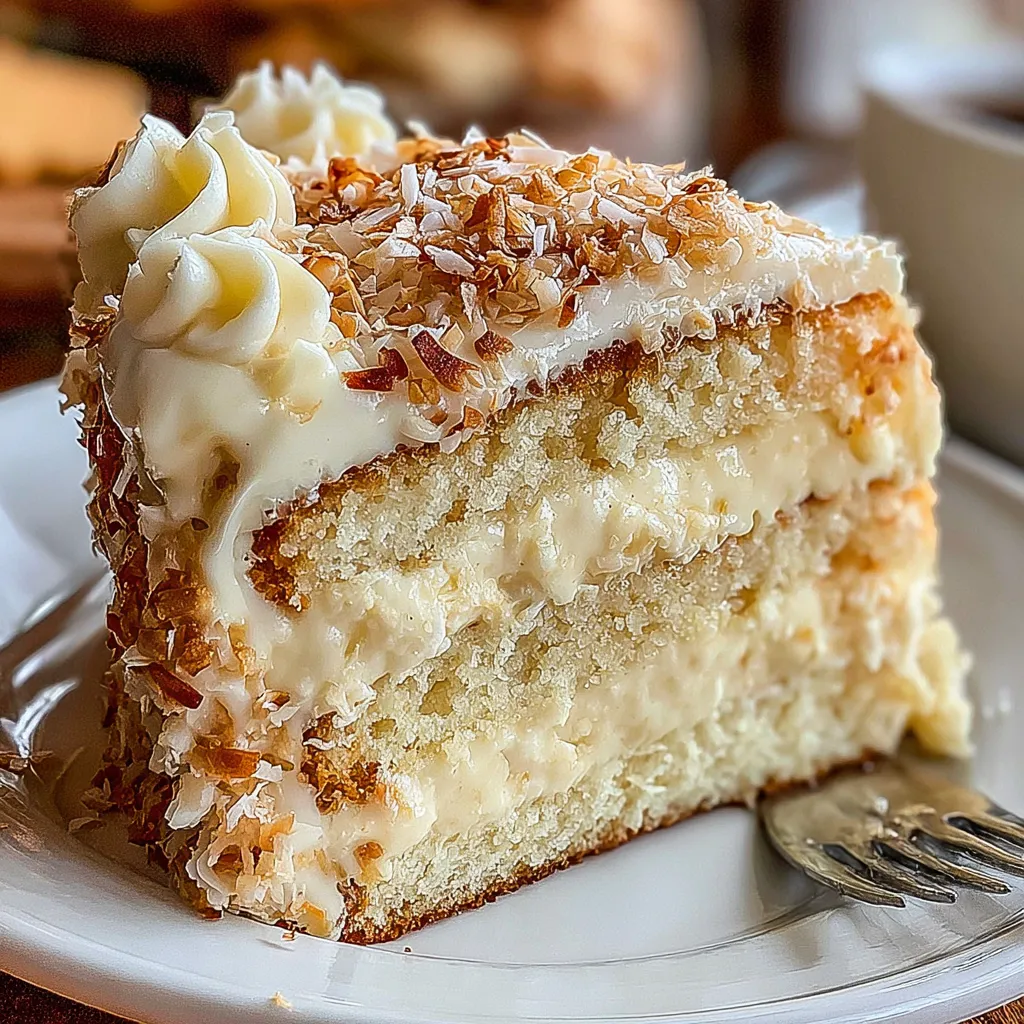 A slice of white German chocolate cake.