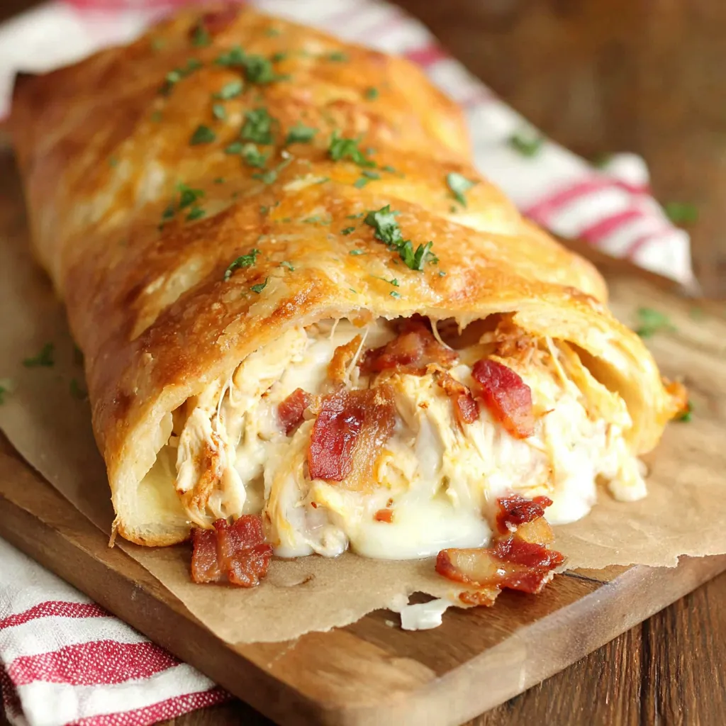 A cheesy chicken bacon ranch stromboli.