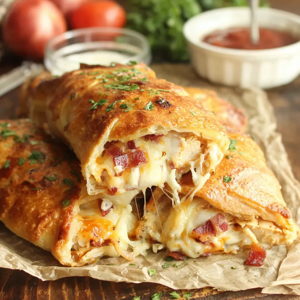A cheesy chicken bacon ranch stromboli.
