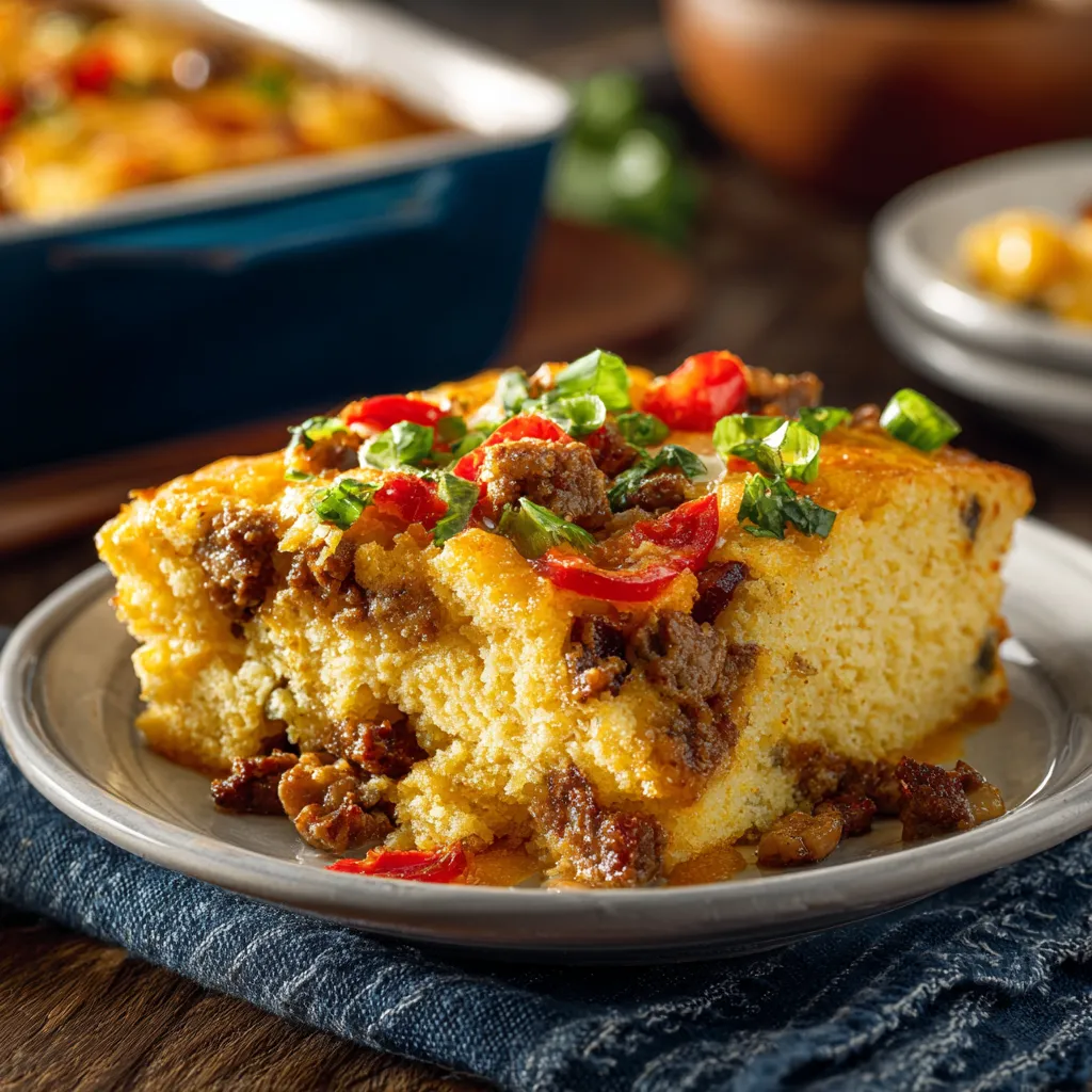 A plate of cornbread with peppers and onions.