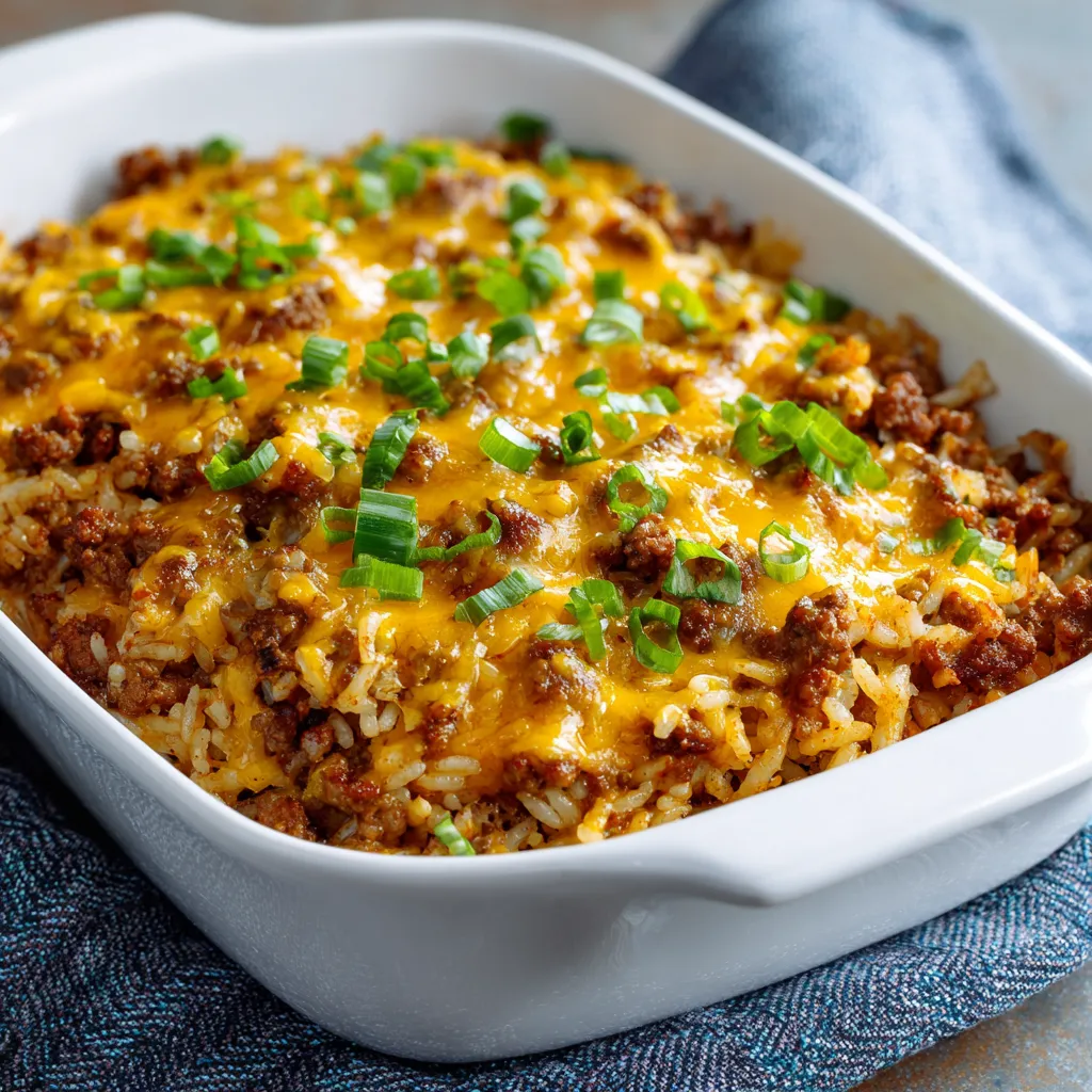 A white bowl filled with a cheesy hamburger rice casserole.