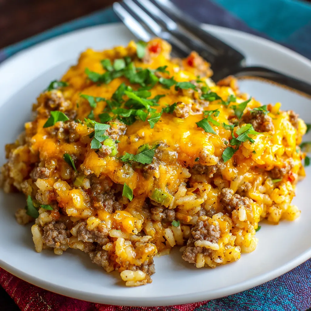 A plate of cheesy hamburger rice casserole.