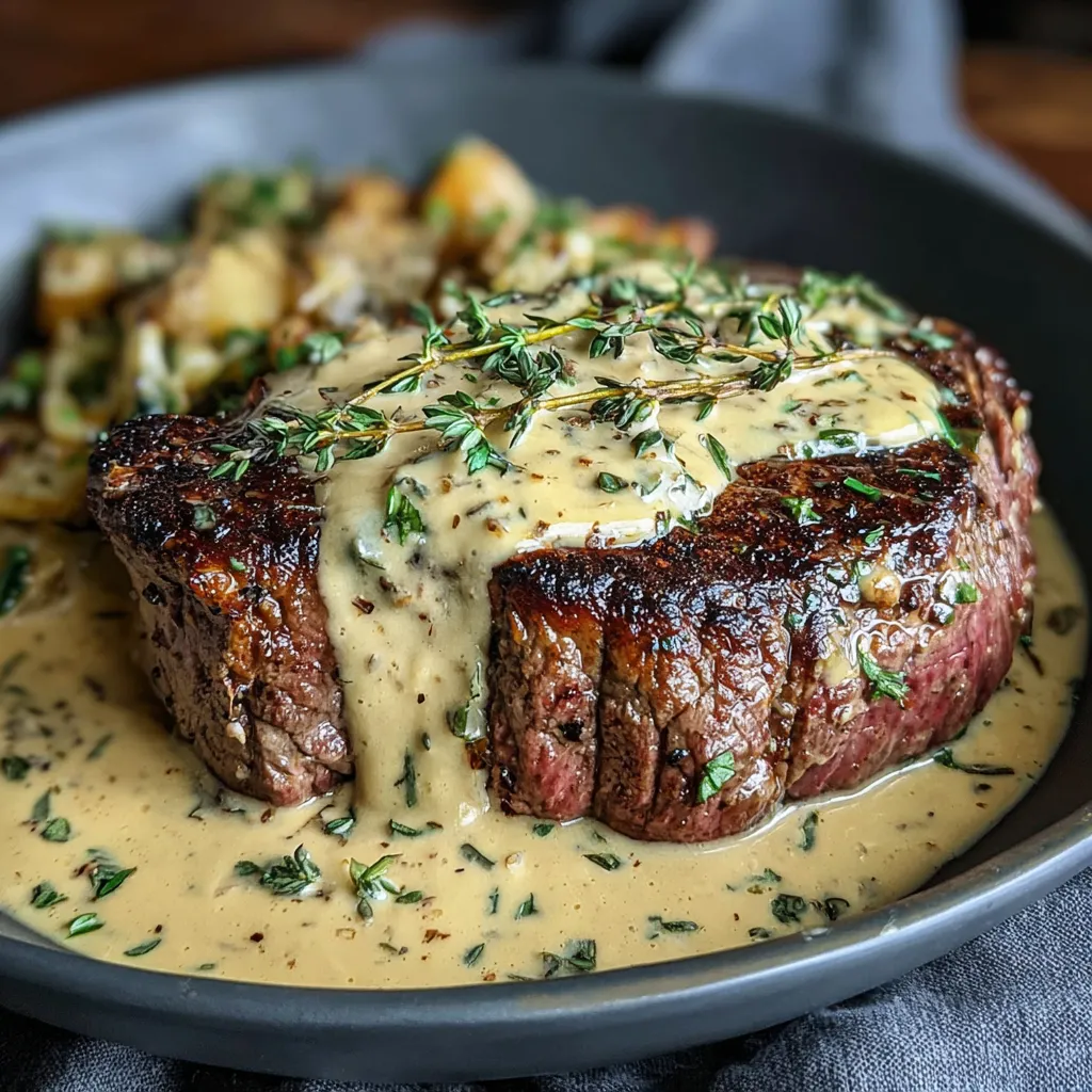 A plate of steak with a cream sauce.