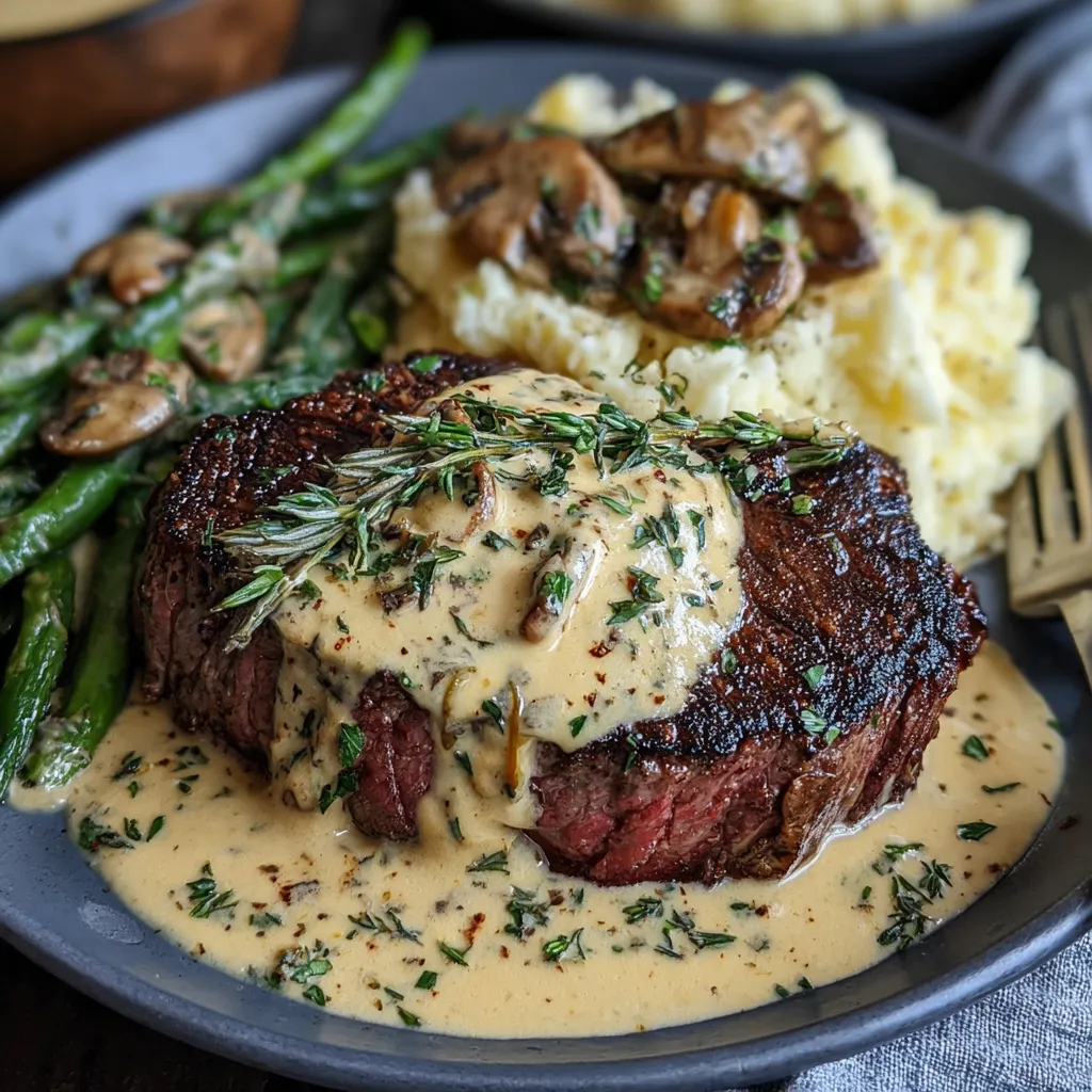 A plate of food with a steak covered in garlic cream.