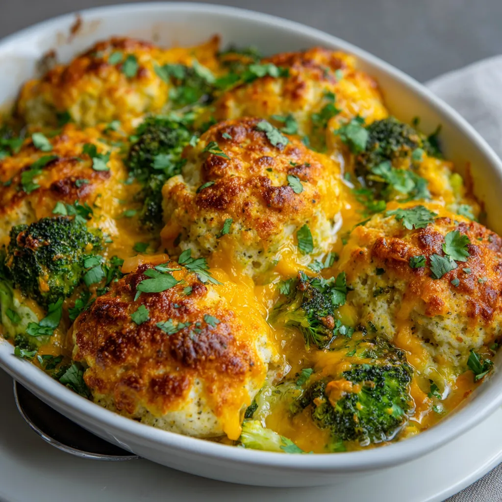 A bowl of broccoli cheddar biscuit casserole.