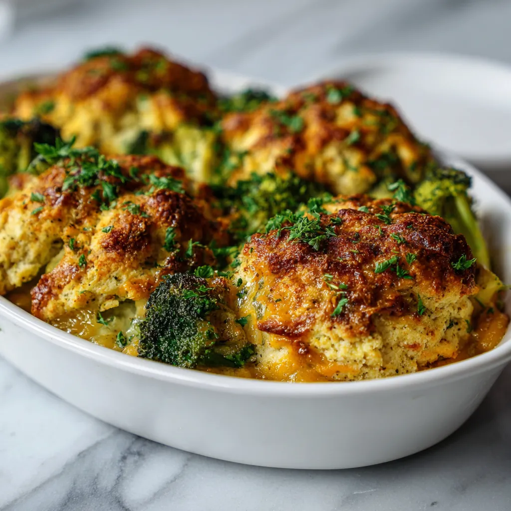 A white bowl filled with broccoli cheddar biscuit casserole.