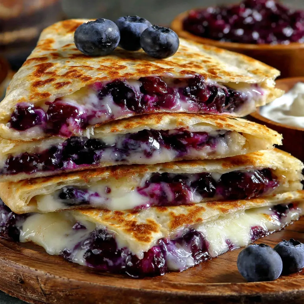 A stack of blueberry breakfast quesadillas.