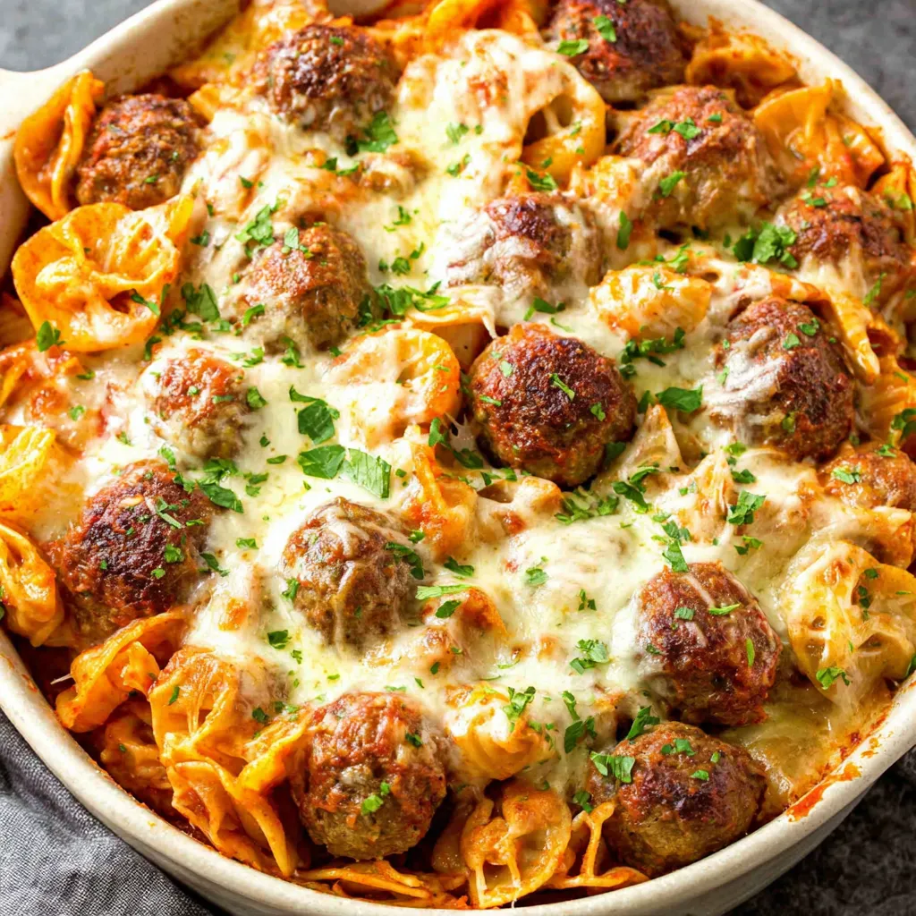 A casserole with meatballs and pasta.