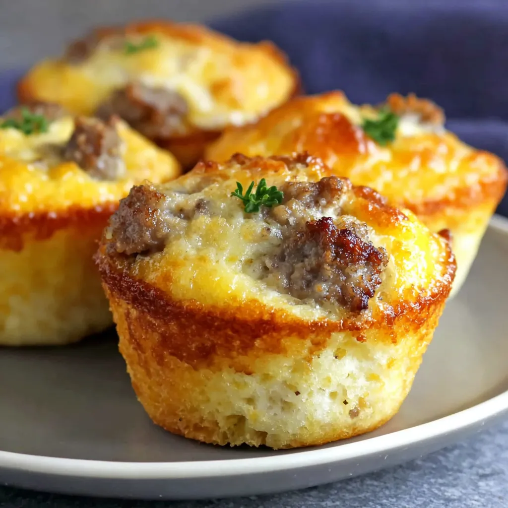 Sausage breakfast muffins are served on a plate.