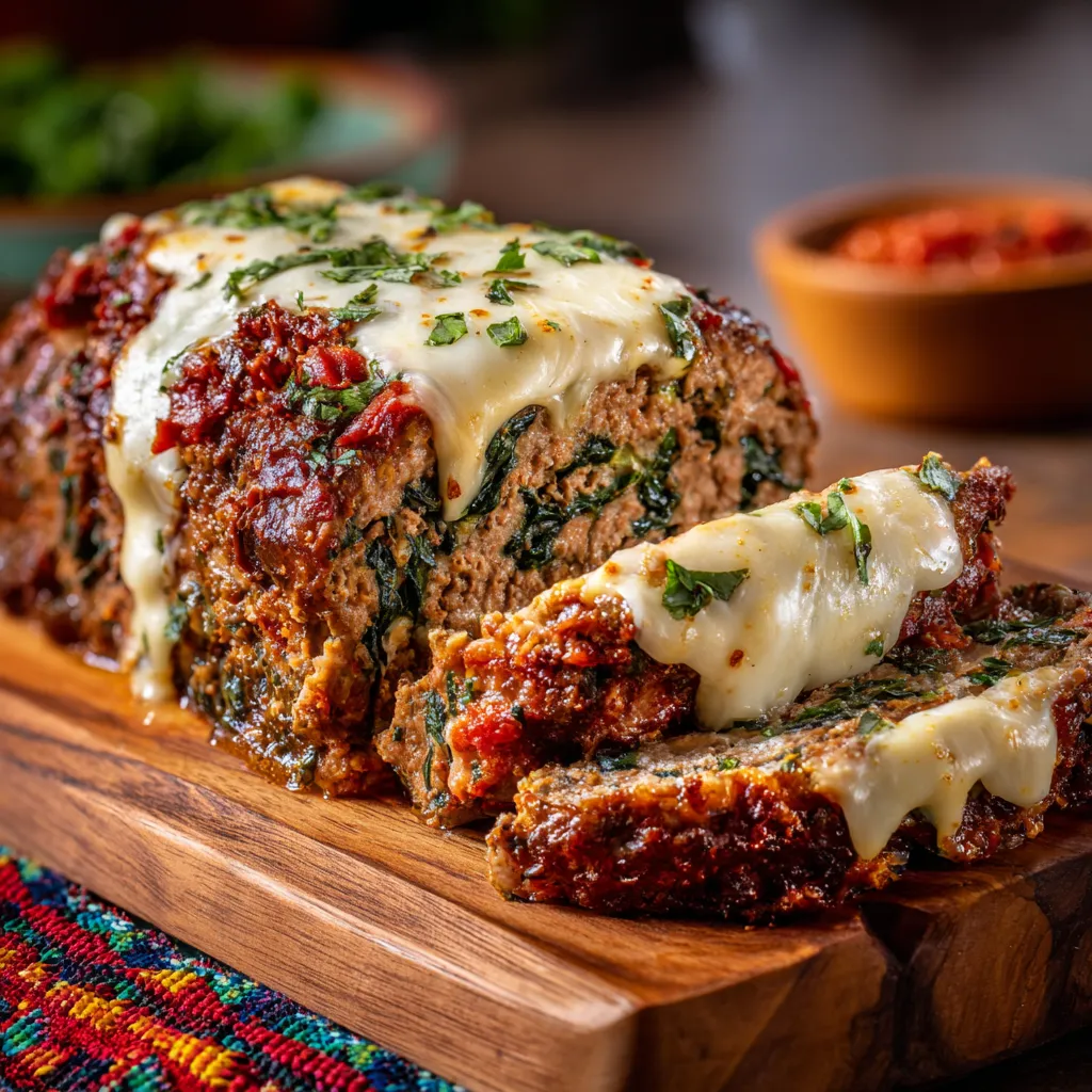 A slice of meatloaf with cheese and spinach.