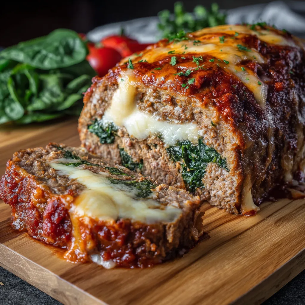 A slice of meatloaf with cheese and spinach.