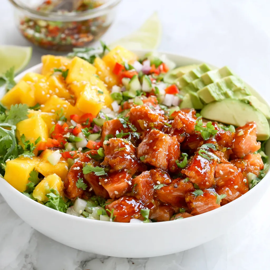 A bowl of food with a salmon poke and mango.