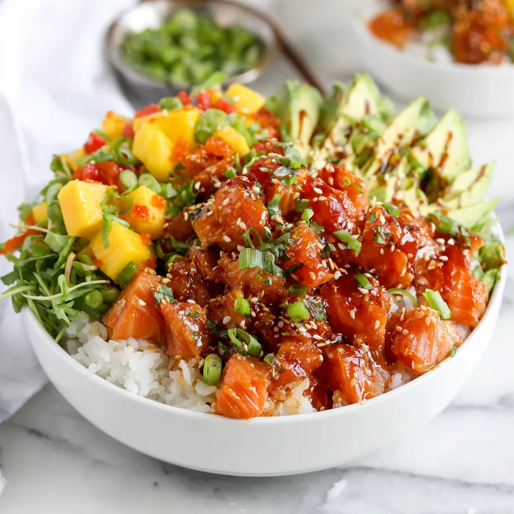 A bowl of salmon poke with rice and mango.