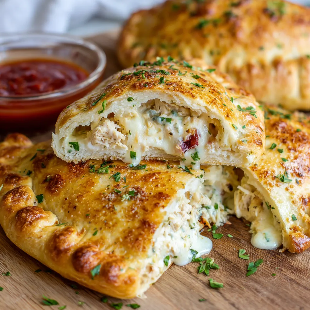Two chicken alfredo calzones stuffed with cheese and herbs.