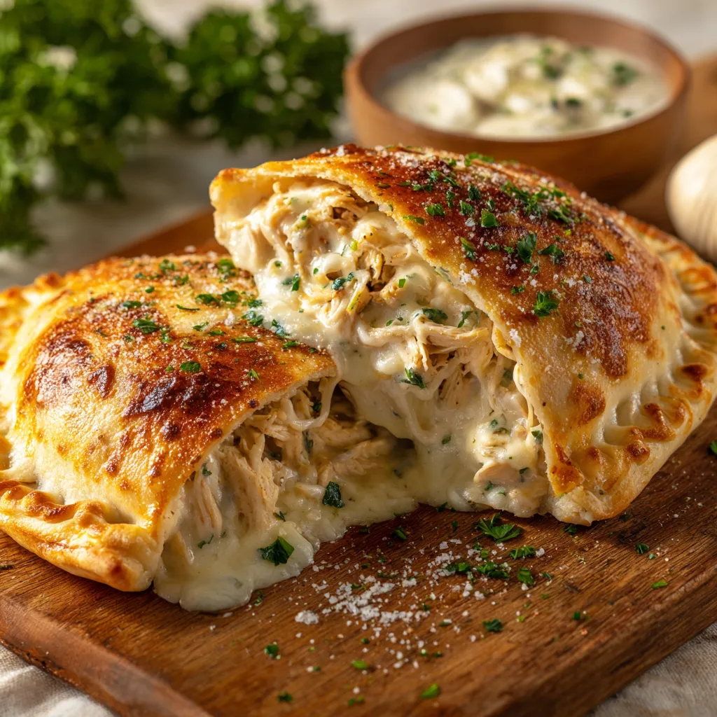 Two chicken alfredo calzones stuffed with cheese.
