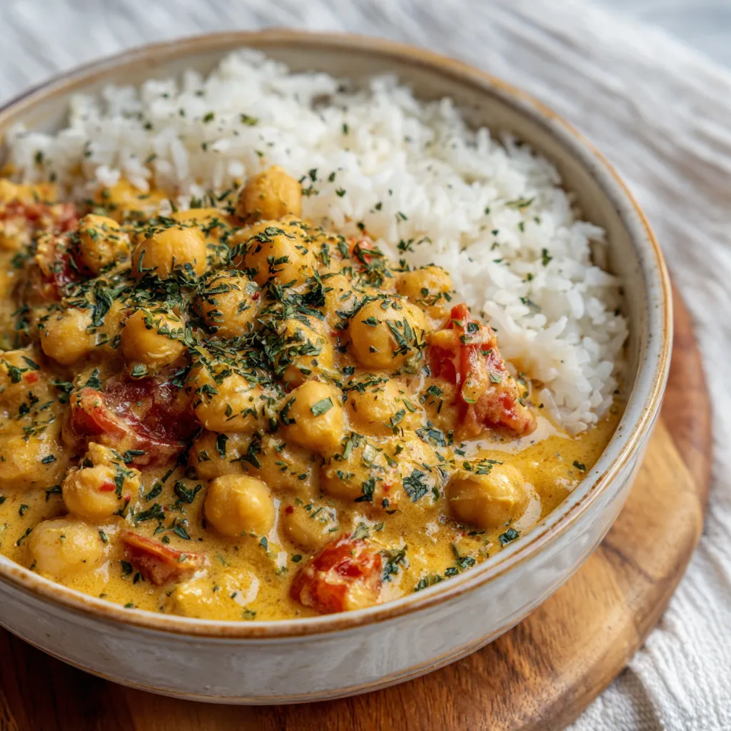 A bowl of creamy chickpeas with rice.