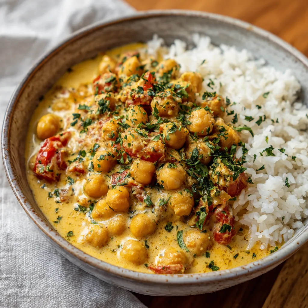 A bowl of creamy chickpeas with rice.