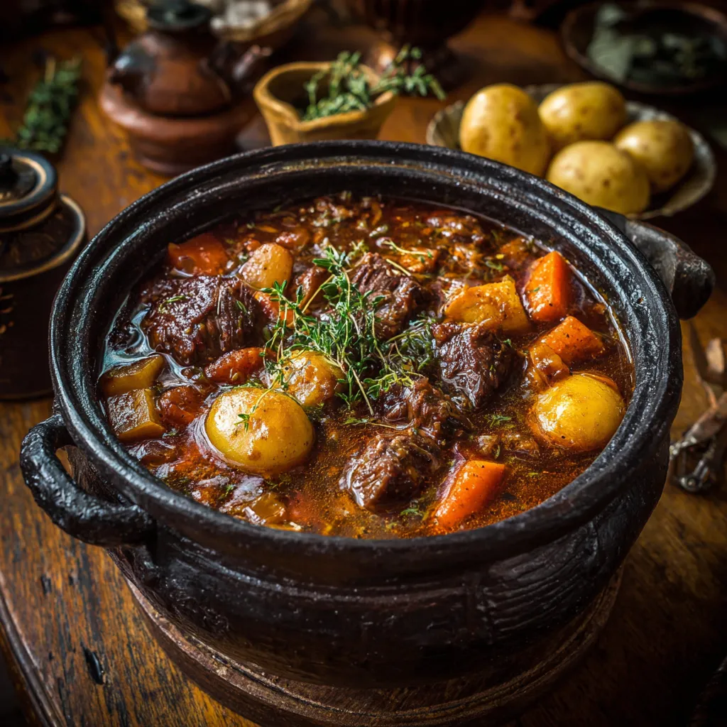 A black pot filled with beef stew.