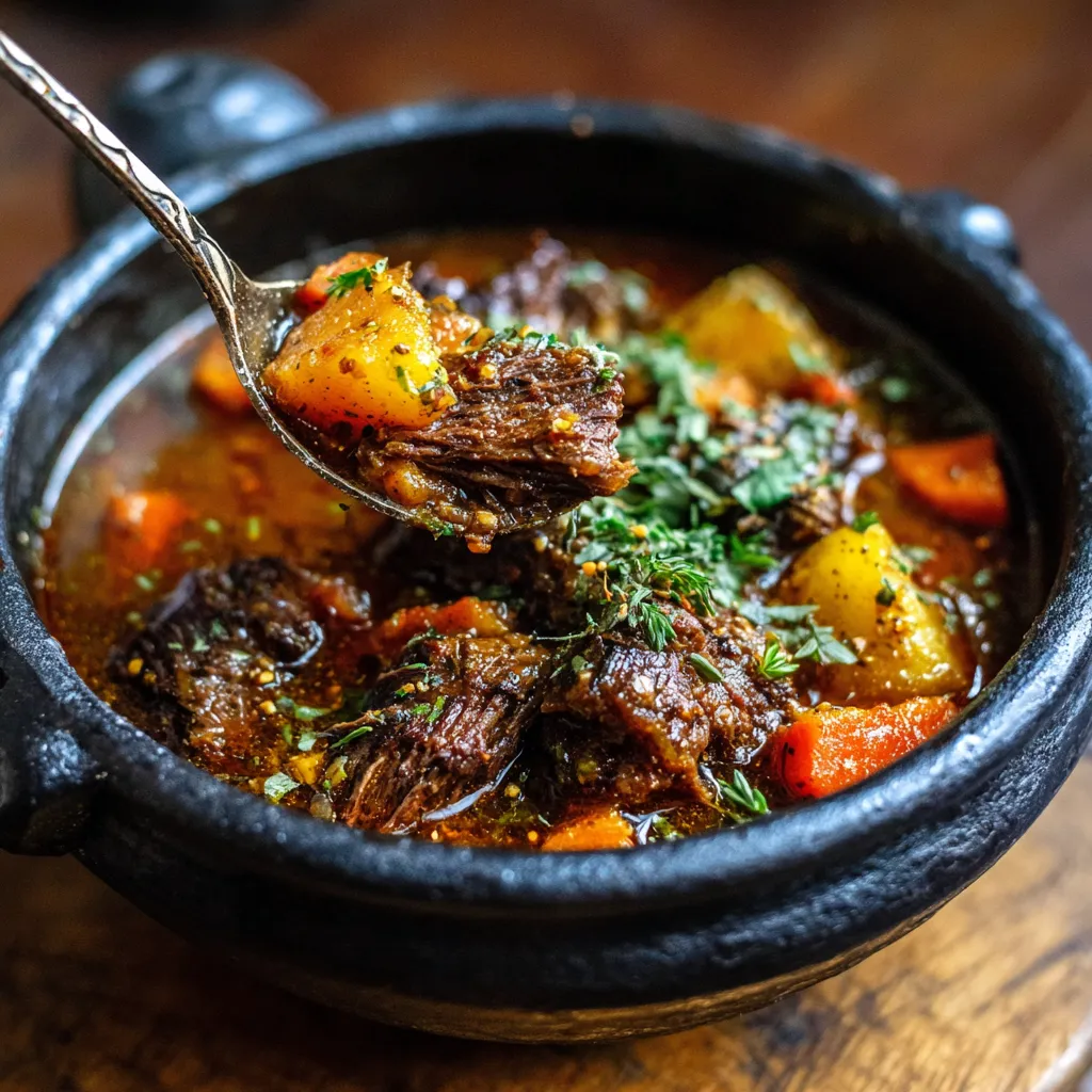 A spoon is in a bowl of beef stew.