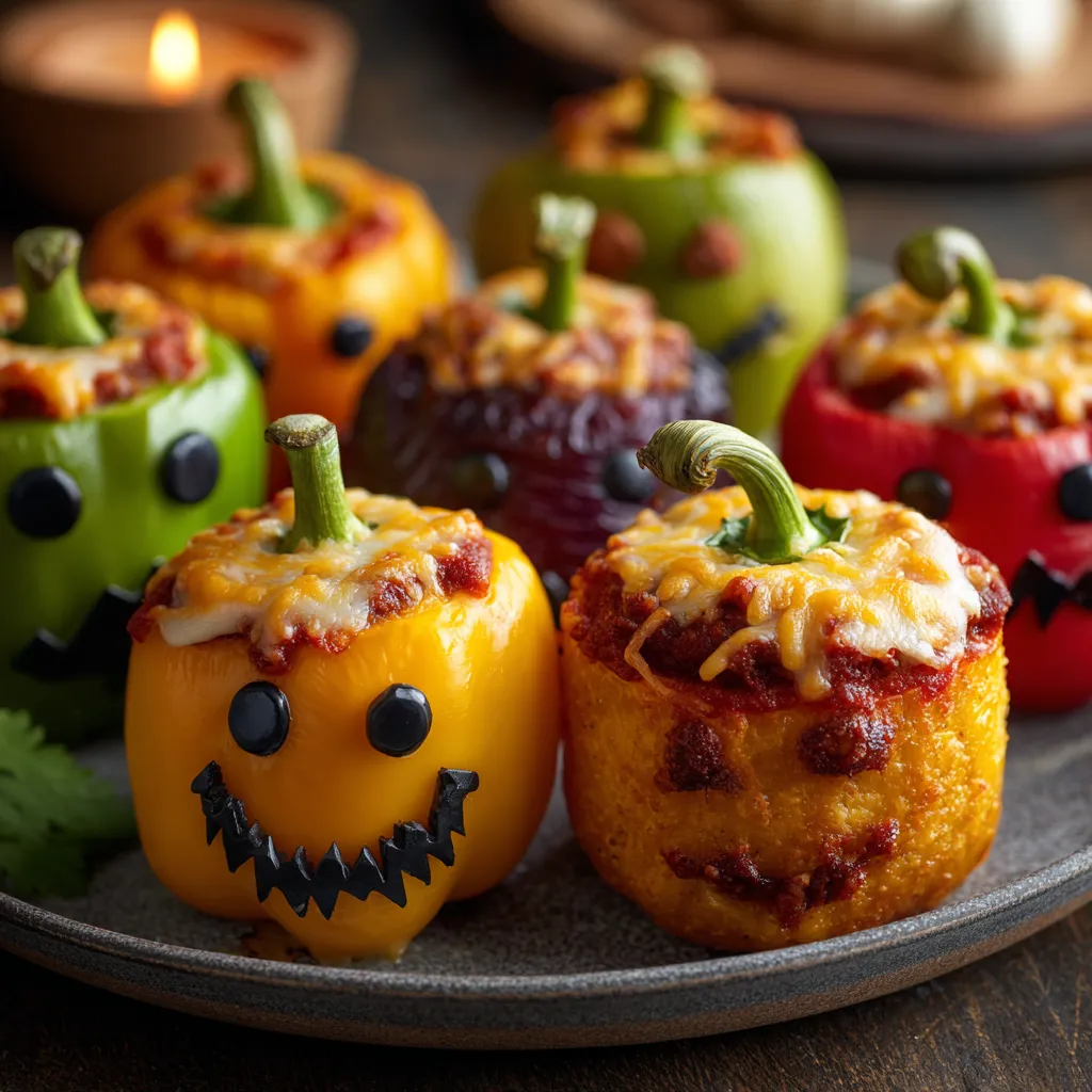 A plate of stuffed bell peppers with creepy faces.