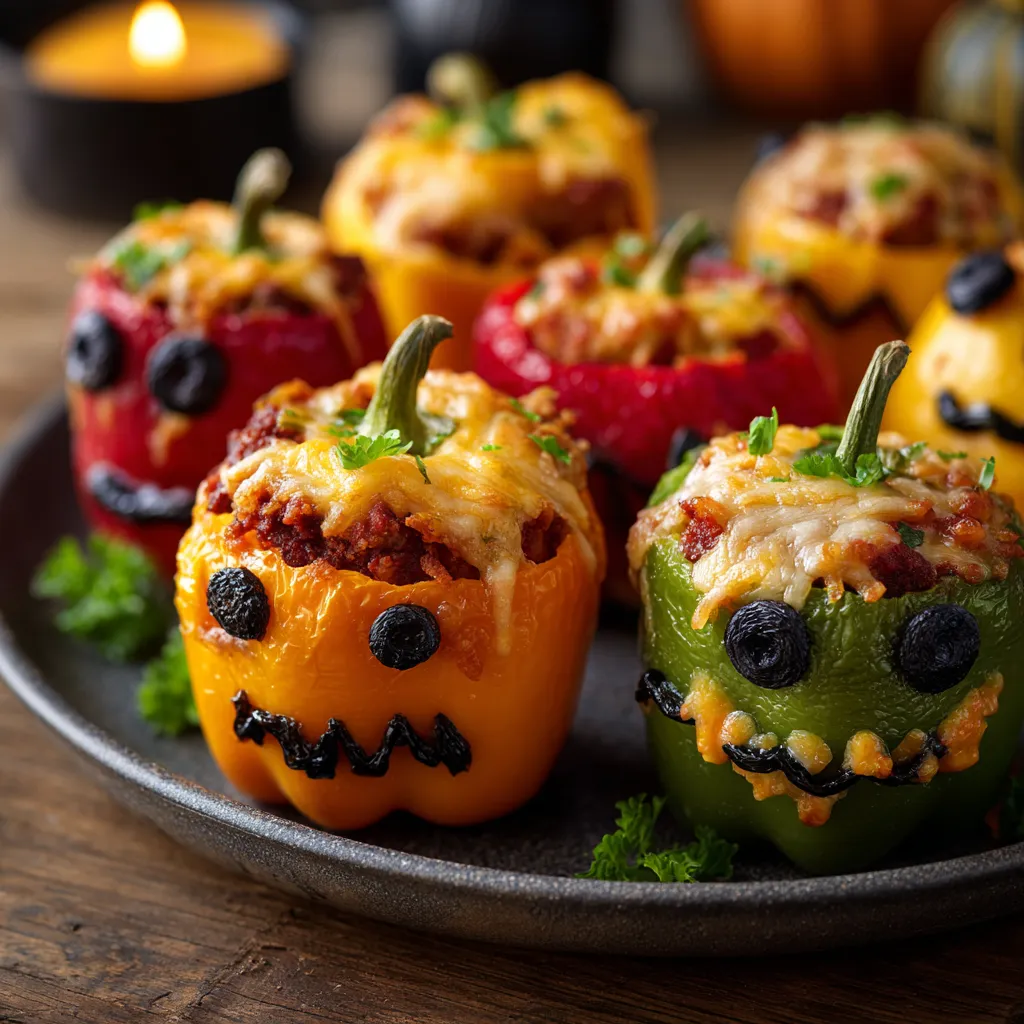 A plate of stuffed bell peppers with creepy faces.