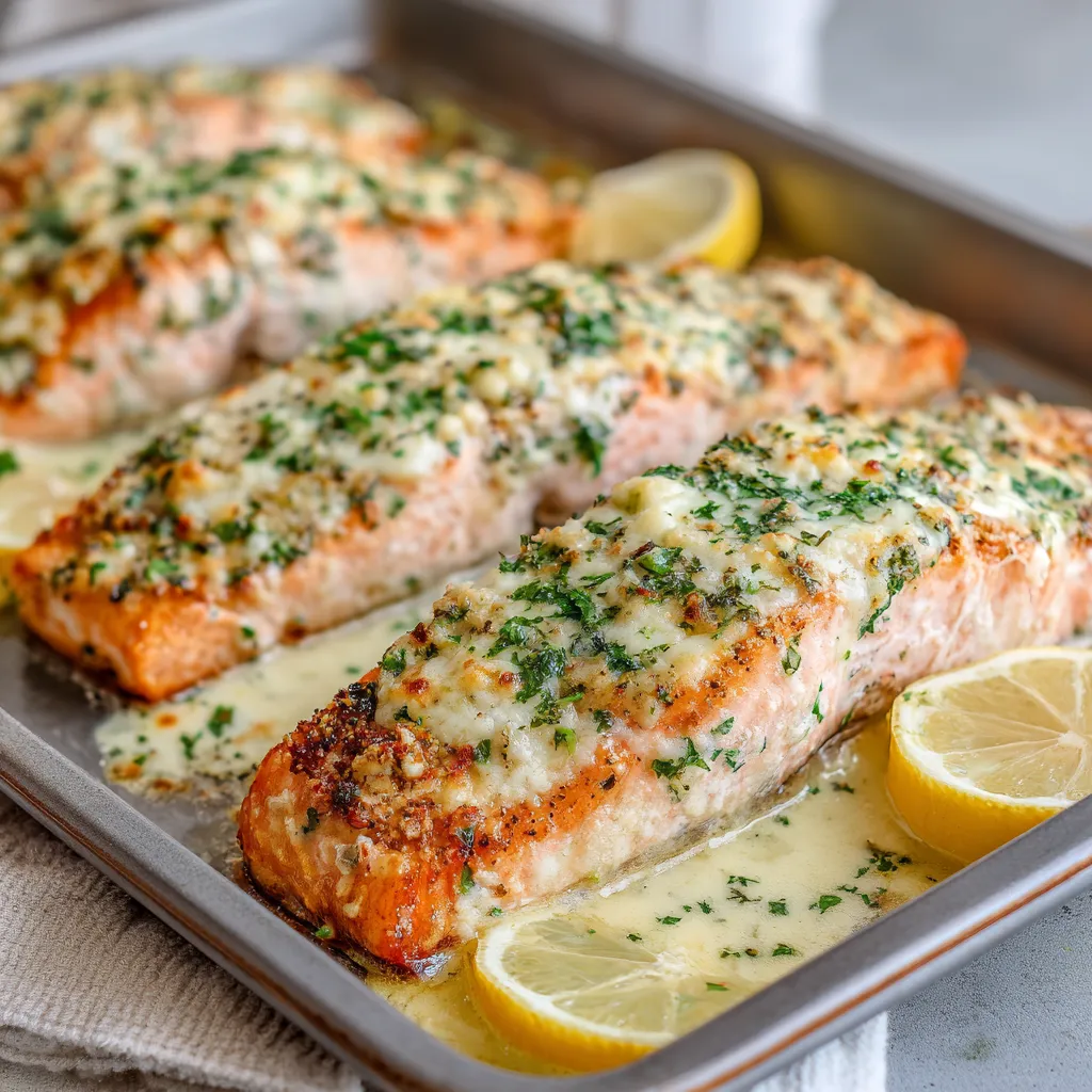Baked Boursin Salmon with lemon wedges.