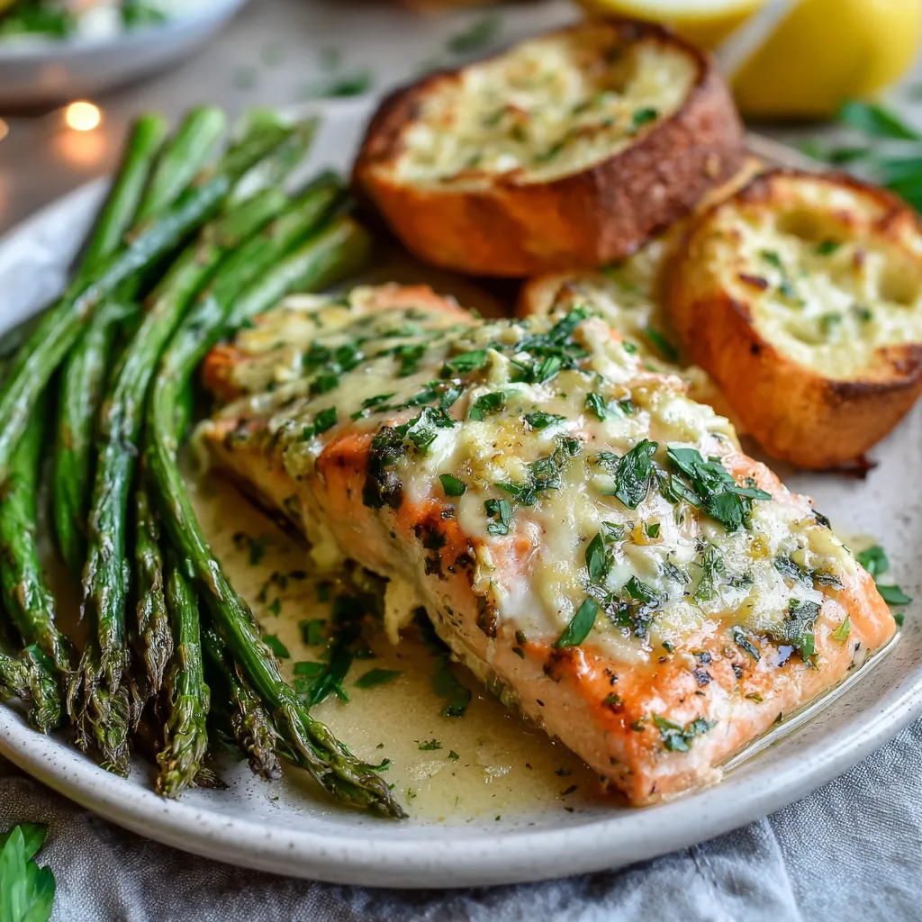A plate of baked salmon with a side of asparagus.