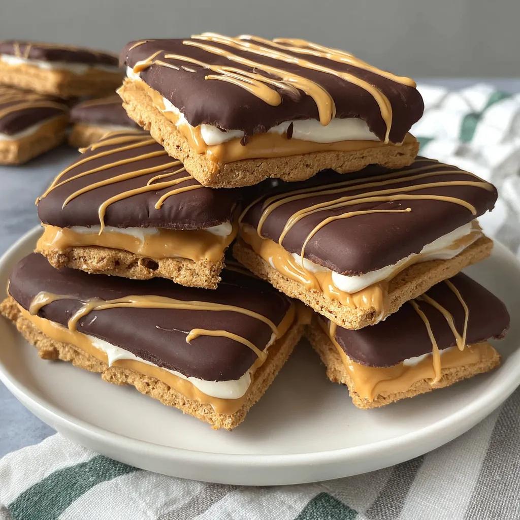 A stack of chocolate and peanut butter buckeye graham crackers.